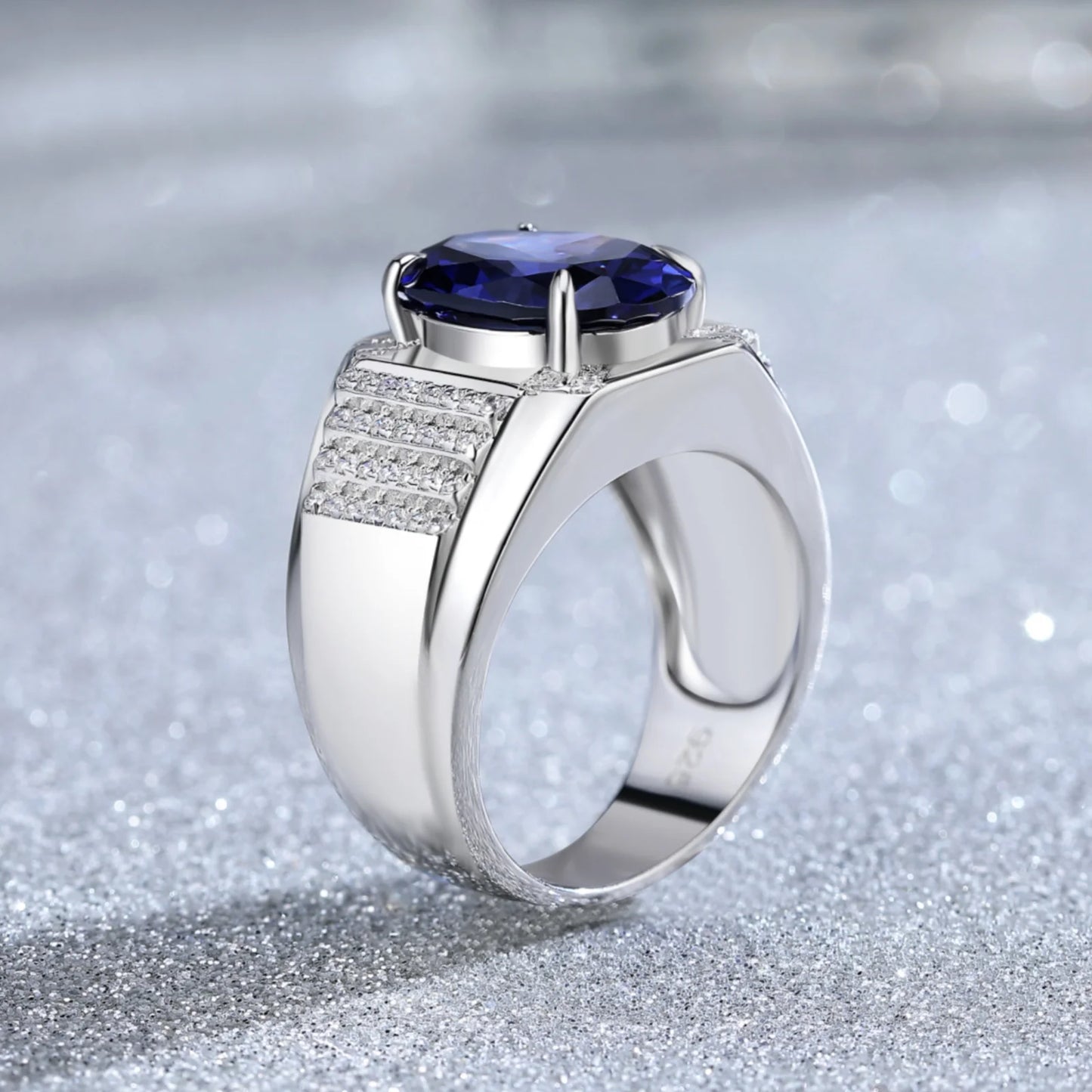 Newshe 5Ct Grand Oval Gemaakte Tanzanite Edelsteen Ringen voor Mannen Statement Ring Pave Zirkonen Bruiloft Cocktail Party Luxe Sieraden