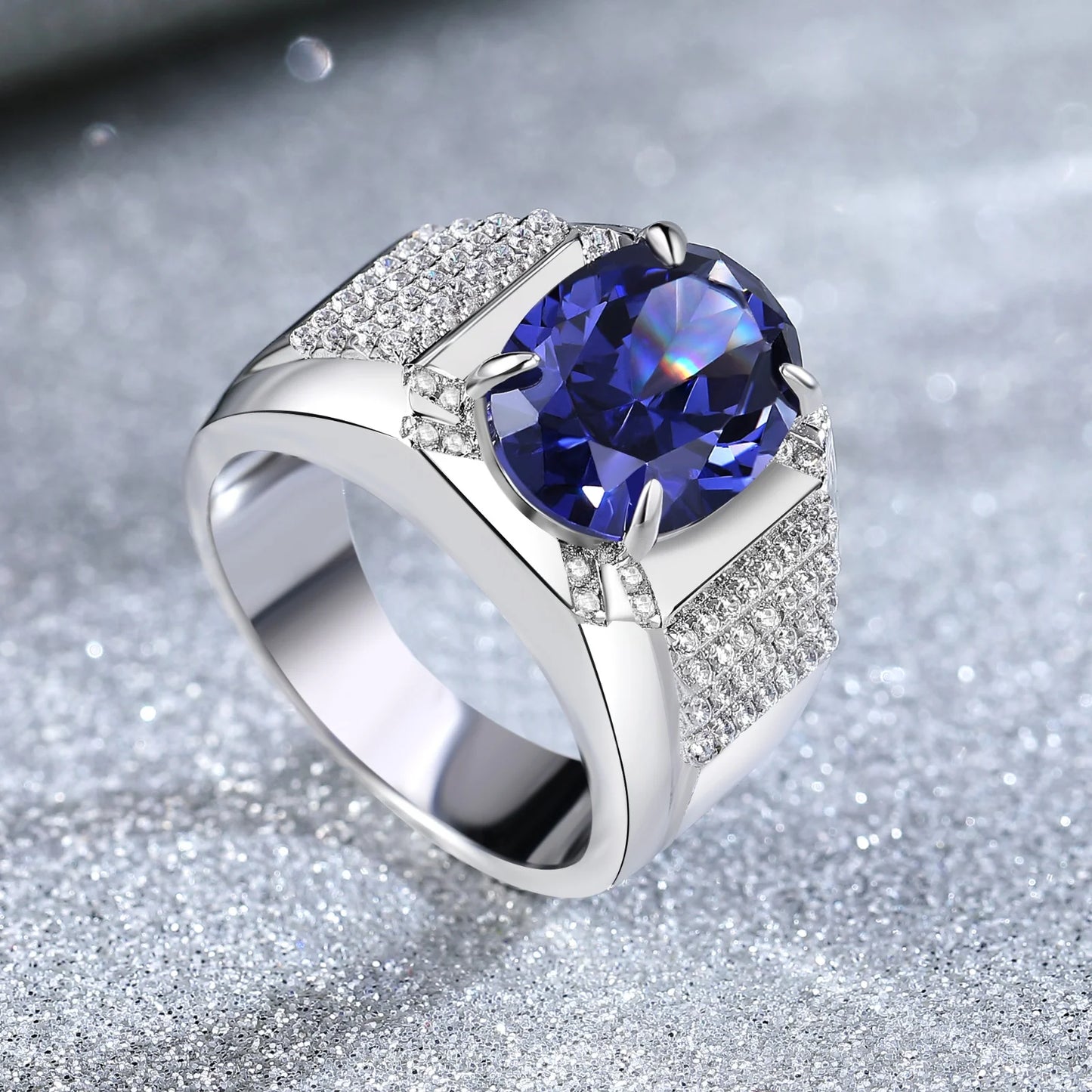 Newshe 5Ct Grand Oval Gemaakte Tanzanite Edelsteen Ringen voor Mannen Statement Ring Pave Zirkonen Bruiloft Cocktail Party Luxe Sieraden