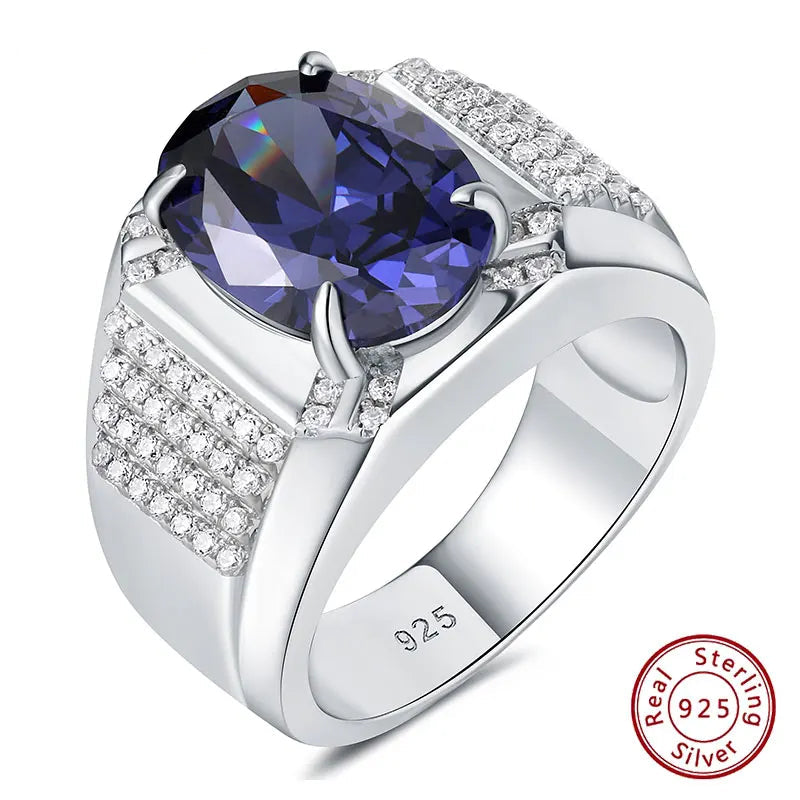 Newshe 5Ct Grand Oval Gemaakte Tanzanite Edelsteen Ringen voor Mannen Statement Ring Pave Zirkonen Bruiloft Cocktail Party Luxe Sieraden