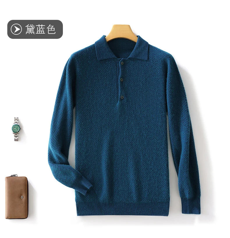 Autumn And Winter 100 Pure Wool Men's Lapel Long Sleeve Polo Neck Honeycomb Cashmere Knitted Youth Business Casual Sweater