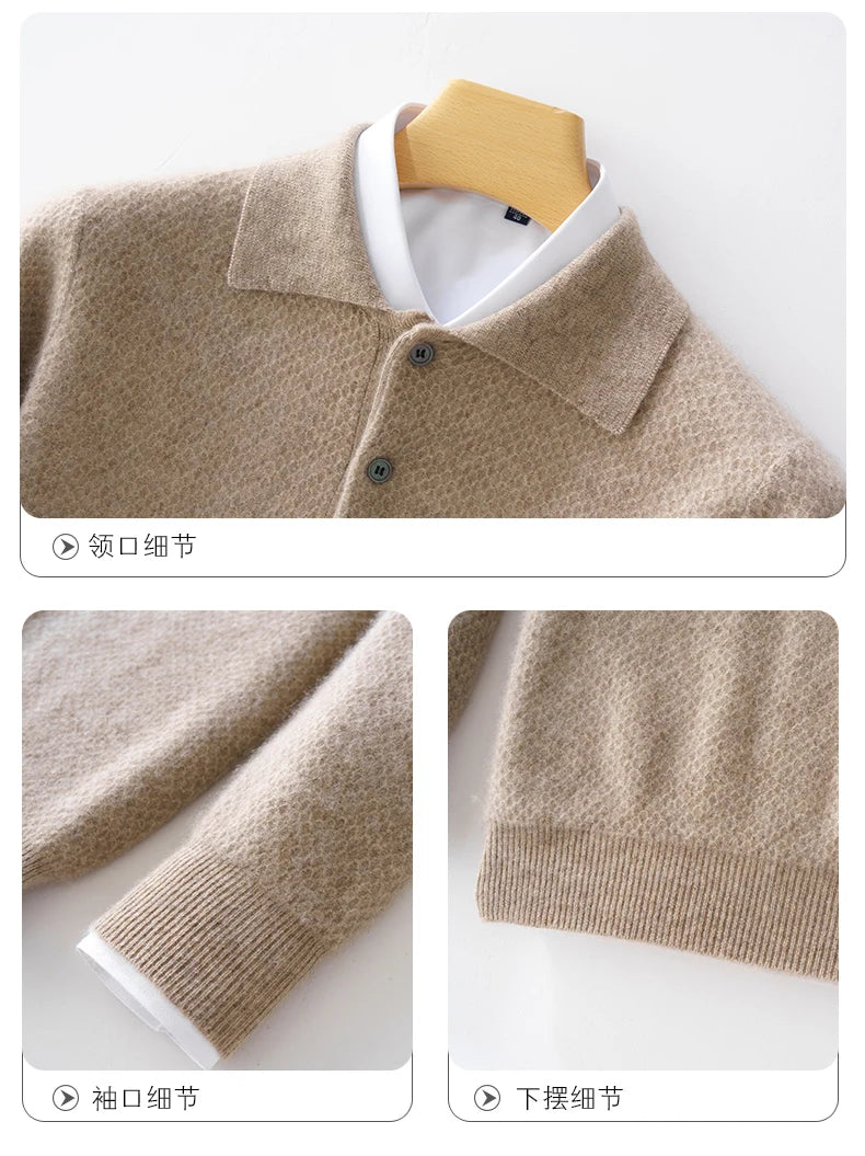 Autumn And Winter 100 Pure Wool Men's Lapel Long Sleeve Polo Neck Honeycomb Cashmere Knitted Youth Business Casual Sweater