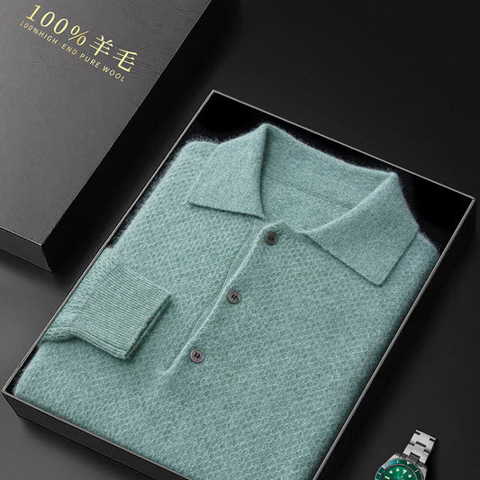 Autumn And Winter 100 Pure Wool Men's Lapel Long Sleeve Polo Neck Honeycomb Cashmere Knitted Youth Business Casual Sweater