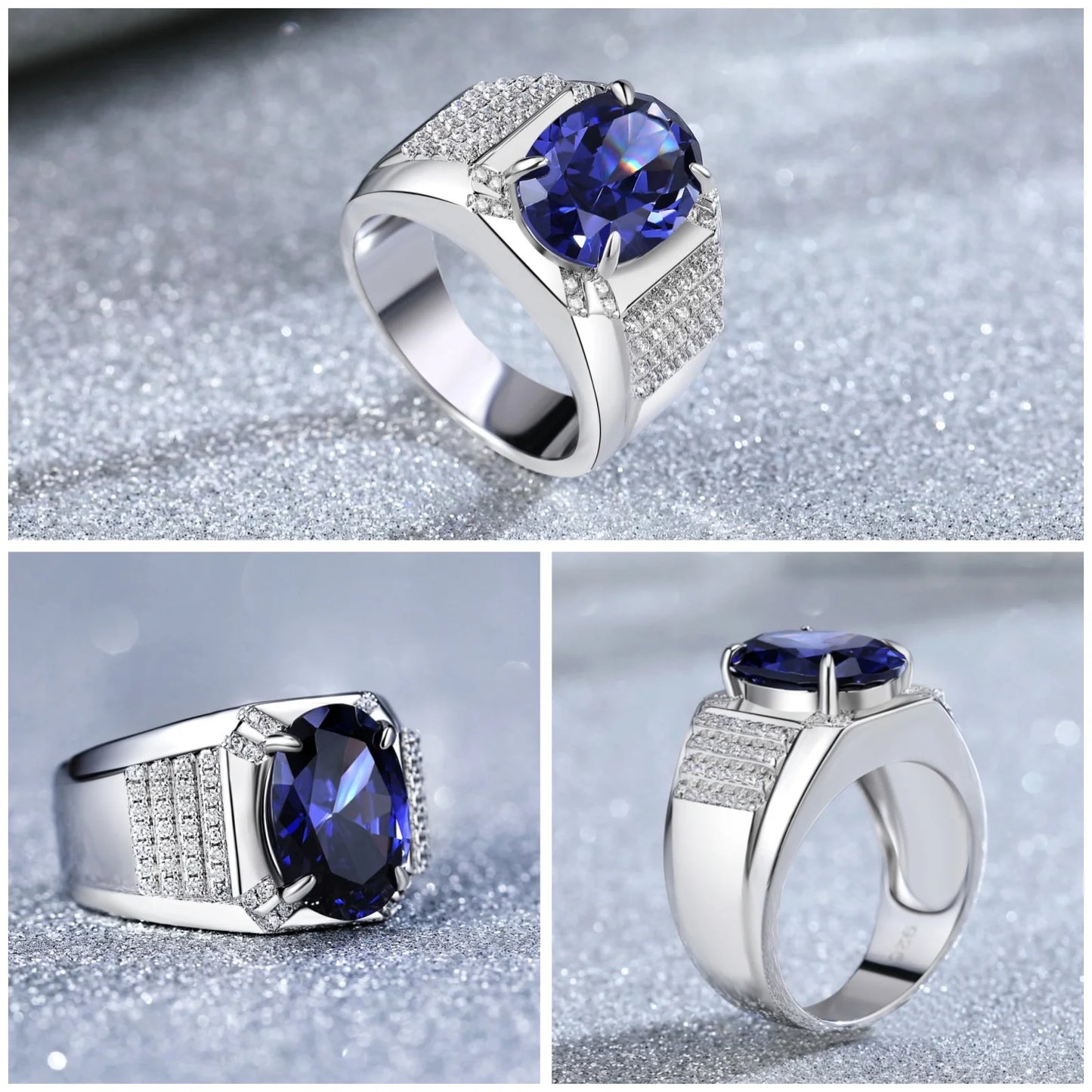 Newshe 5Ct Grand Oval Gemaakte Tanzanite Edelsteen Ringen voor Mannen Statement Ring Pave Zirkonen Bruiloft Cocktail Party Luxe Sieraden