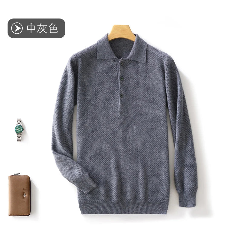 Autumn And Winter 100 Pure Wool Men's Lapel Long Sleeve Polo Neck Honeycomb Cashmere Knitted Youth Business Casual Sweater